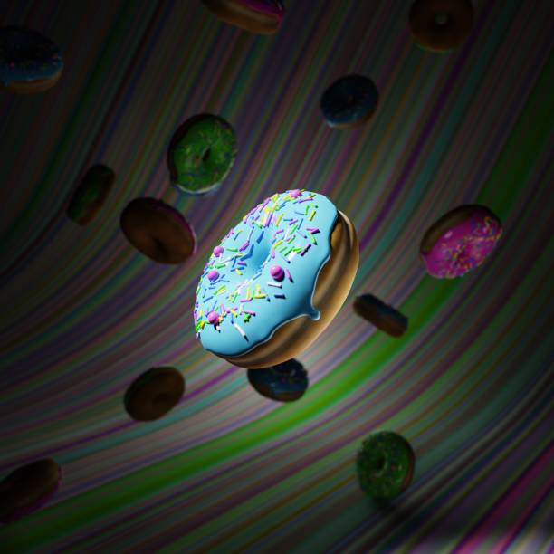 istock Blue glazed doughnut floating against the colorful background and many falling doughnuts. 1474202493