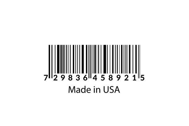 ilustraciones, imágenes clip art, dibujos animados e iconos de stock de código de barras hecho en usa. - made in the usa label bar code merchandise