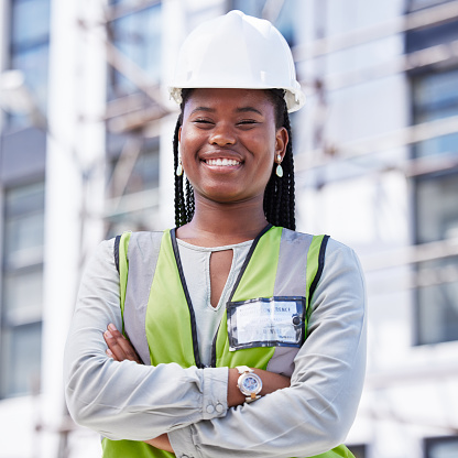 Architecture, project management and portrait of black woman at construction site for civil engineering, designer and building inspection. Industrial, vision and goal with construction worker