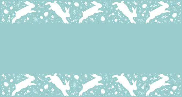 Vector illustration of Frame of Easter rabbits, eggs, flowers and leaves on a pastel green background with copy space. Flat vector illustration