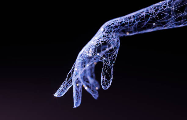 istock Index finger of abstract artificial intelligence hand, 3d rendering virtual reality and metaverse concept. 1474209921