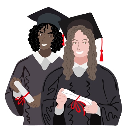 Happy students with diplomas wearing academic gown and graduation cap. College graduates with education certificates. Graduate diversity. Vector illustration