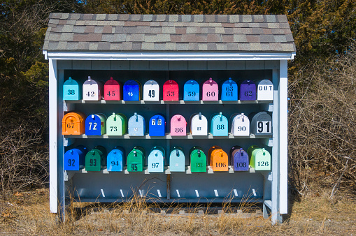 Three colorful mailboxes in Santa Barbara, California.