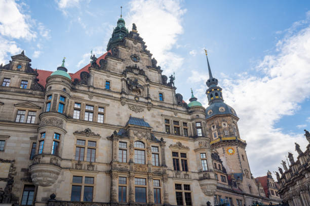 On January 20th 2024, Dresden Cathedral and Residenz Castle looking from Theater Square in a snowy winter day
