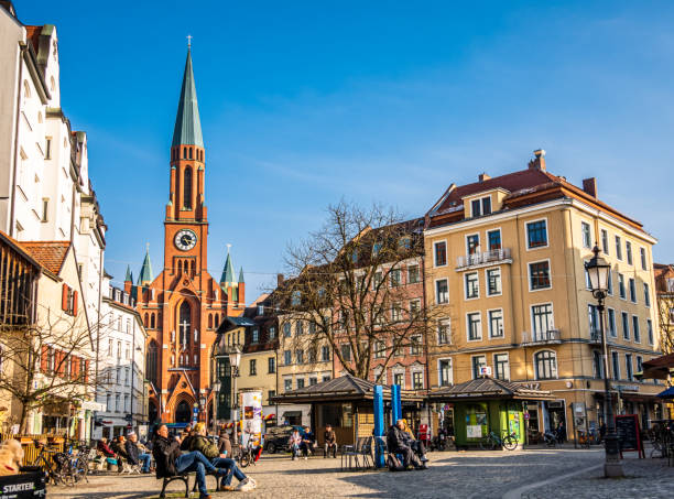 Munich, Germany - March 1: historic buildings at the famous Wiener Platz square in Munich on March 1, 2023