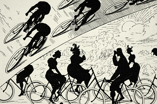 Vintage illustration, Silhouettes of people riding bicycles, 1890s, 19th Century