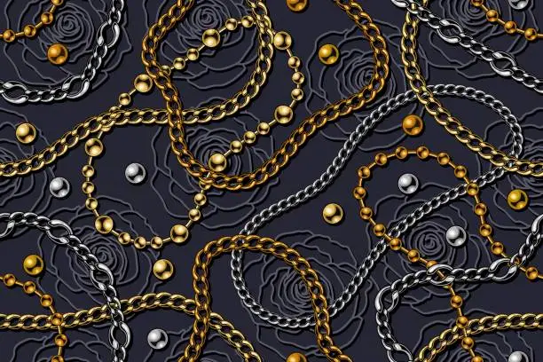 Vector illustration of Pattern with metal chains, beads, roses