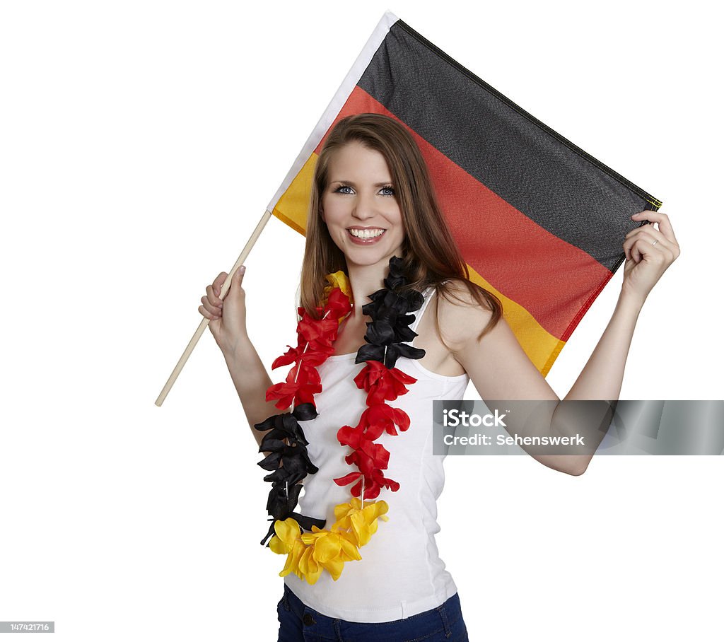 Atrakcyjna kobieta pokazuje Flaga Niemiec - Zbiór zdjęć royalty-free (Biały)