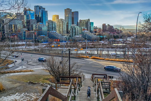 Calgary, Canada - October, 2017: View on downtown Calgary from the stairs at Rotary Park, by the Centre Street Bridge
