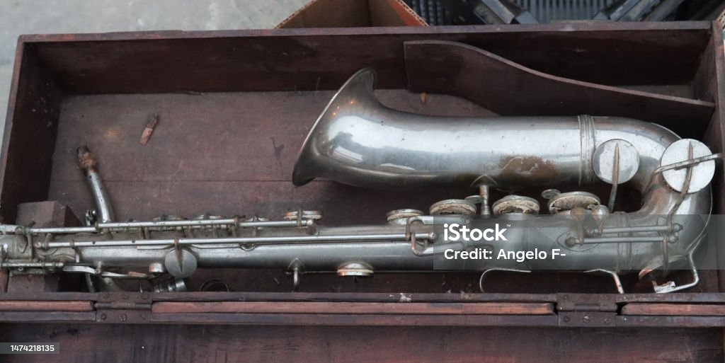 ancient saxophone musical equipment Acoustic Music Stock Photo