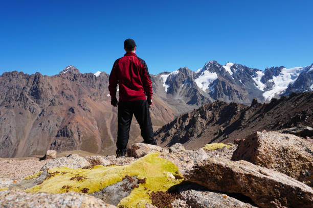 The guy looks at mountains and snow-capped peaks The guy looks at the mountains and snow-capped peaks. High mountains stretch to the blue sky. The peaks of the mountains are covered with glaciers. Steep cliffs down. There are large stones and moss mawenzi stock pictures, royalty-free photos & images