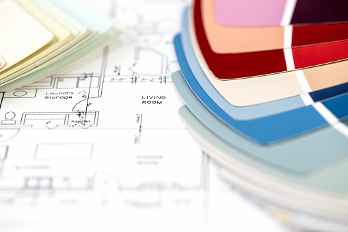 Living room blueprint with a paint color swatch.