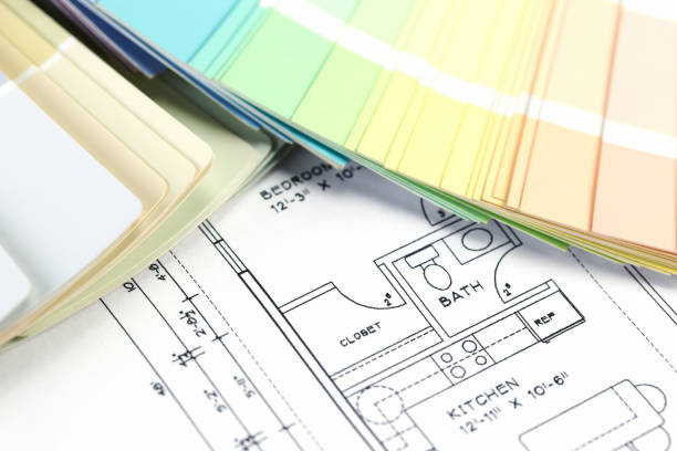 Paint Color Swatch with Blueprints stock photo
