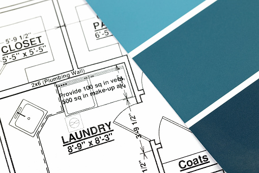 Laundry room blueprint with a paint color swatch.