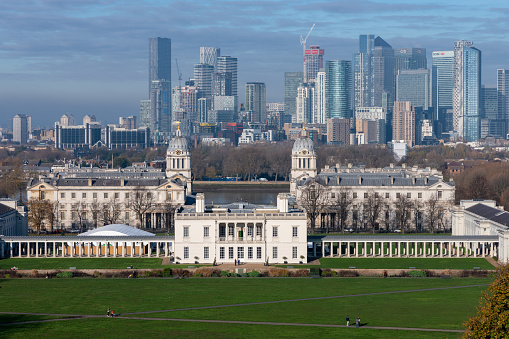 Greenwich.London.United Kingdom.Decamber 1st 2022.View from Greenwich observatory of the Royal Naval College and Canary Wharf in London