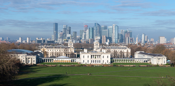 Greenwich.London.United Kingdom.Decamber 1st 2022.Panoramic photo of the view from Greenwich observatory of the Royal Naval College and Canary Wharf in London