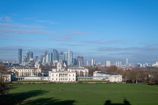 Greenwich.London.United Kingdom.Decamber 1st 2022.View from Greenwich observatory of the Royal Naval College and Canary Wharf in London