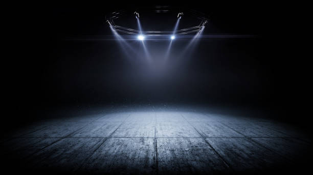 istock Concrete plates. 3D beautiful concrete background. Bright lighting with spotlights. Dark background texture 1474223454