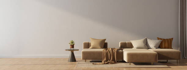 istock Brown sofa and white wall in modern living room.3d rendering 1474223687