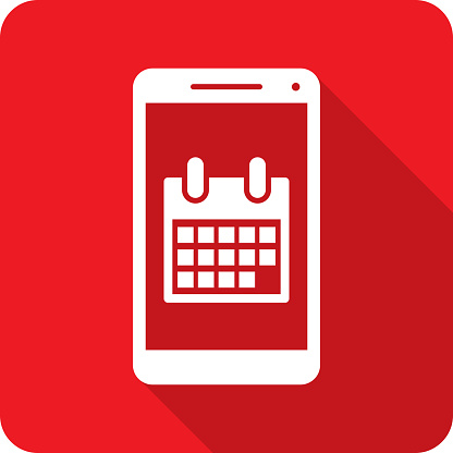 Vector illustration of a smartphone with calendar icon against a red background in flat style.