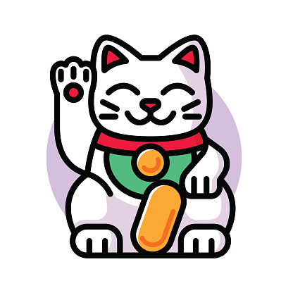 Vector illustration of a lucky cat against a white background in line art style.