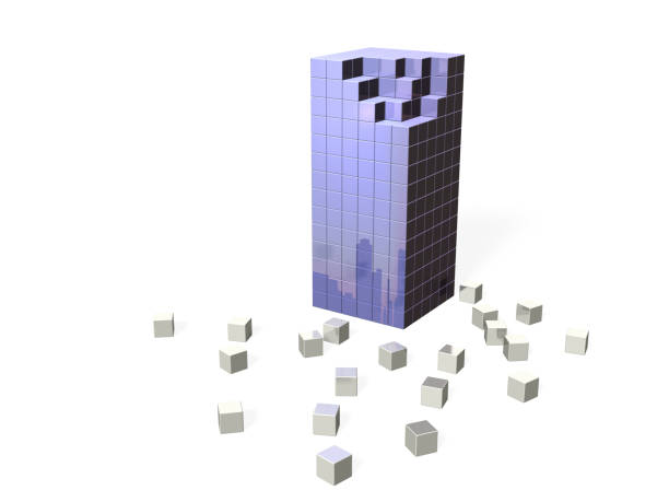An image of a partially collapsed building. Broken pieces are scattered on the ground. Abstract concept representing destruction and earthquake. risk and damage. 3D rendering. white background.