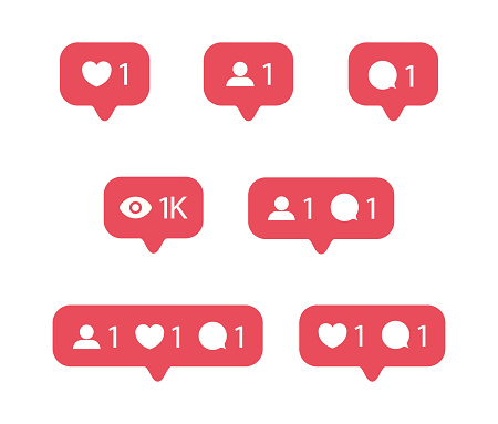Social media icons. Like, follower, friend request, comment, live, views, notifications