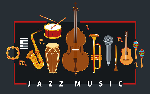 Jazz music band poster different instruments vector flat illustration on white, live sound festival or concert advertising flyer or banner, play different instruments orchestra.