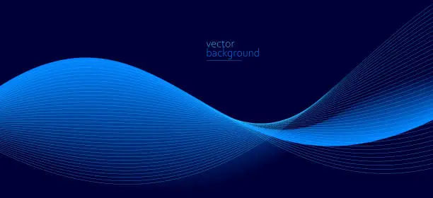 Vector illustration of Curve shape flow vector abstract background in dark blue gradient, dynamic and speed concept, futuristic technology or motion art.