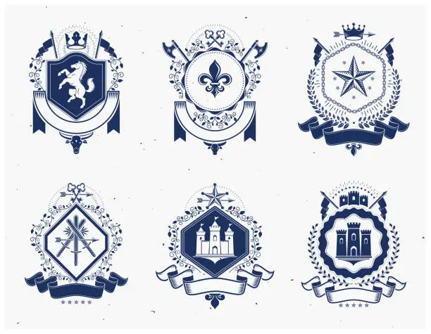 Vector illustration of Heraldic Coat of Arms decorative emblems isolated vector illustrations. Vintage design elements collection.