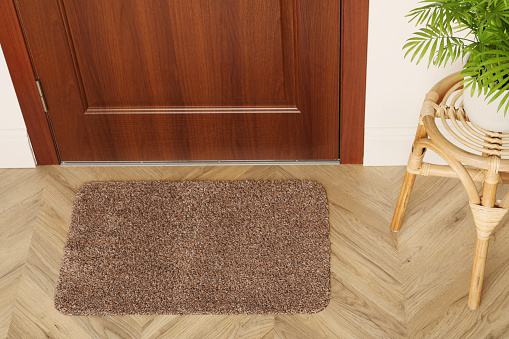 New clean mat near entrance door and stool with plant