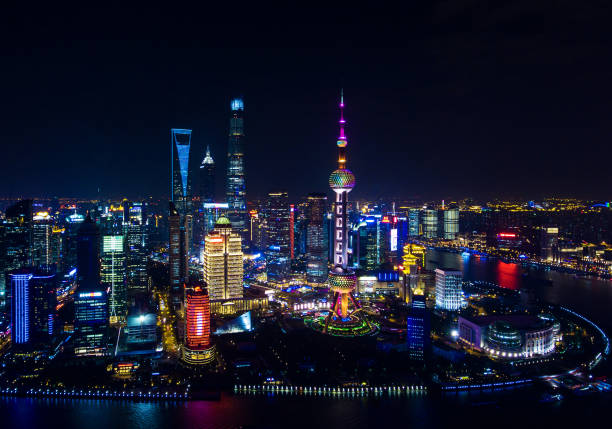 Night Shanghai modern skyscrapers skyline from above