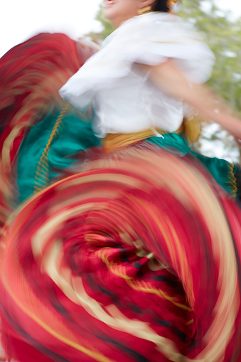 Oceanside, CA -- 10/30/2016: Woman in a colorful costume performs traditional Mexican Folklorico dance.