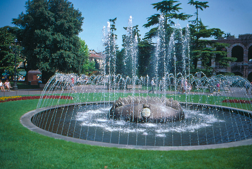 1980s old Positive Film scanned, the view of Fontana di Piazza Brà, Verona, Italy.