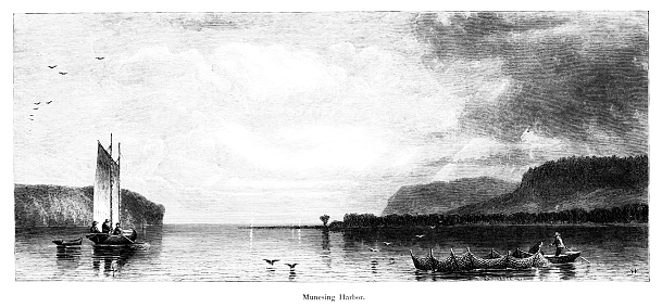 Fishing and sailing at Munising Harbor by Hiawatha National Forest, Lake Superior, Michigan, USA. Lake Superior is one of The Great Lakes. Pen and pencil illustration engraving published 1872. This edition edited by William Cullen Bryant is in my private collection. Copyright is in public domain.