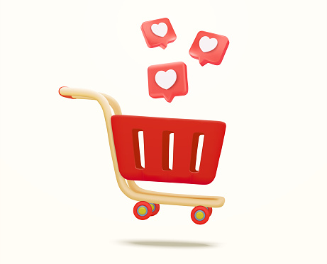 3d heart message icon and basket. Shopping cart with shopping icons on blue background. Concept idea for social networks. shopping basket full of hearts. 3d vector illustration