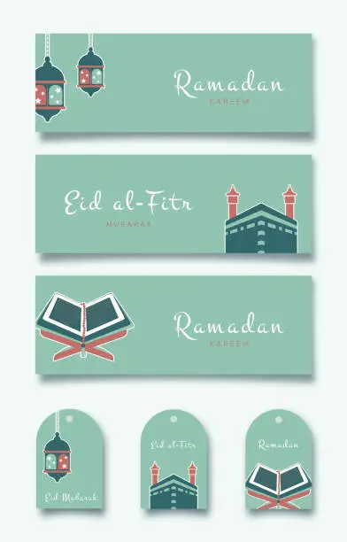 Vector illustration of Ramadan Kareem. Set of Islamic greeting card and gift tags with Kaaba, lantern, Quran. Vector holiday illustration in green colors.