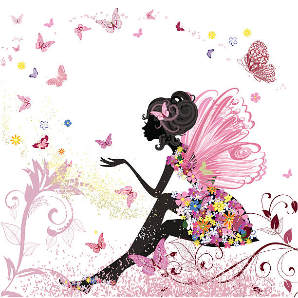 illustrazioni stock, clip art, cartoni animati e icone di tendenza di fata dei fiori nell'ambiente delle farfalle - fata