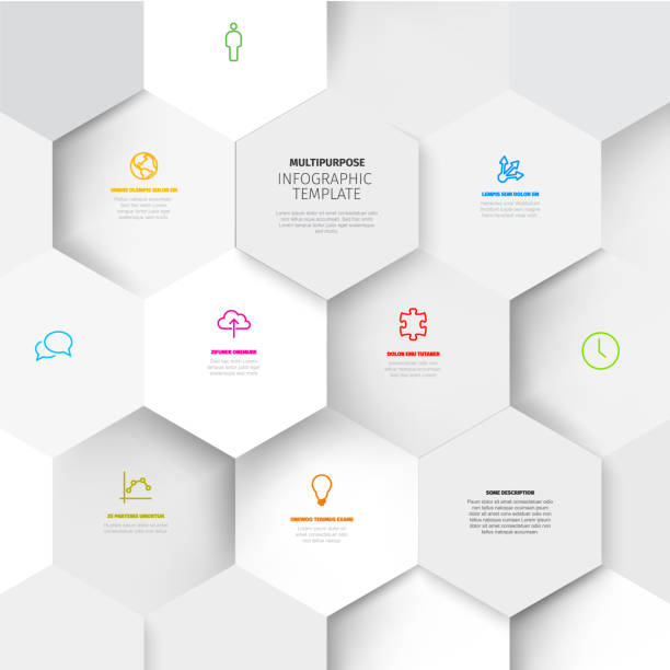 Vector light white minimalist Infographic template with hexagons mosaic Vector Minimalist light infographic report template with hexagons mosaic filled with various information, icons and numbers. Simple 3d realistic hexagon mosaic pattern template honeycombs clip art stock illustrations