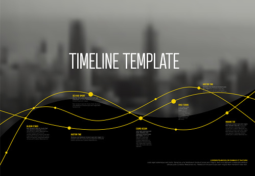 Minimalistic multiline timeline template with photo placeholder in the background and yellow accent. Multi thread timeline template with dots and year milestones and photo in the background