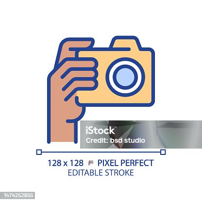 istock Black hand with camera pixel perfect RGB color icon 1474252855