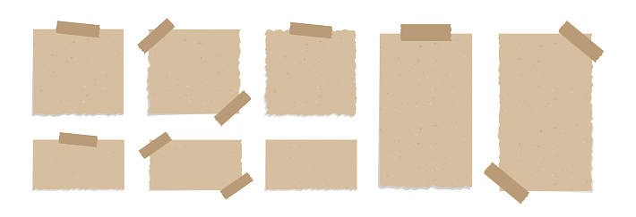 Vintage brown torn paper illustration set. Recycled memo note paper with adhesive tape stationery template mockup.