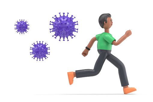 3D illustration of running handsome afro man David in panic is running away from the virus. Coronavirus crisis, covid-19 pandemic concept.3D rendering on white background.