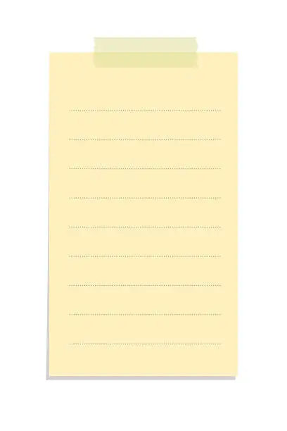 Vector illustration of Vertical yellow sticky note illustration. Taped office memo paper template.