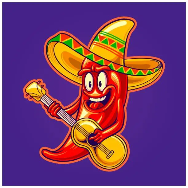 Vector illustration of Cute chilli pepper sombrero hat mexican guitar cinco de mayo logo cartoon illustrations