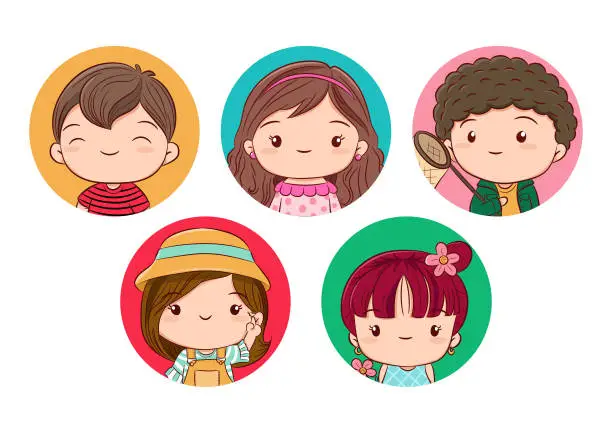 Vector illustration of Kids avatar collection. Cute children, boys and girls faces, Colorful user pic cartoon character. Hand drawn sketch design style cartoon illustration isolated on white background.