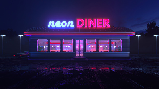 Neon diner and retro car late at night. Fog, rain and colour reflections on asphalt. 3d illustration