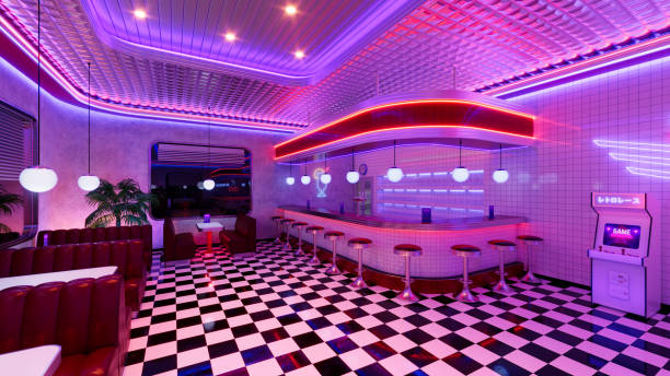 istock Retro diner interior with tile floor, neon illumination, vintage arcade machine and bar stools. 3d illustration. 1474266164