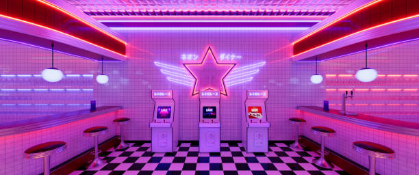 istock Retro diner interior with tile floor, neon illumination, vintage arcade machine and bar stools. 3d illustration. 1474266679