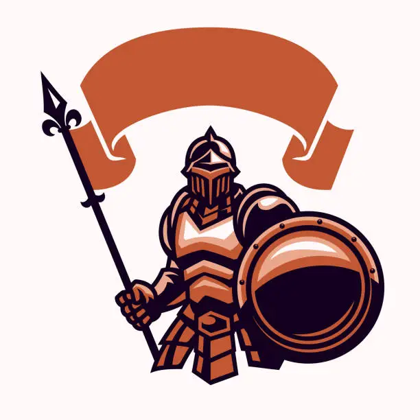 Vector illustration of Warrior Knight in Armor and Hold the Blank Flag